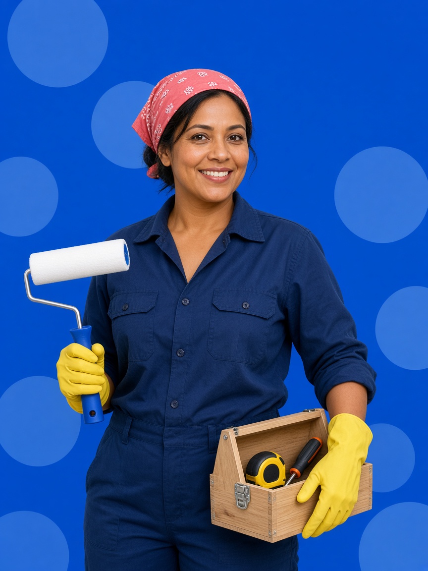 Home improvement specialist in a navy work shirt and yellow gloves, holding a paint roller and a wooden toolbox