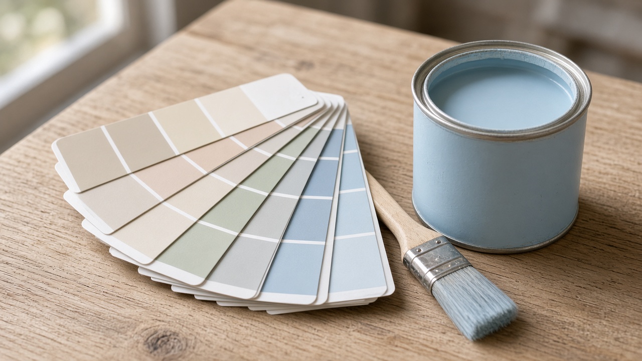 Paint samples and a brush arranged on an oak table