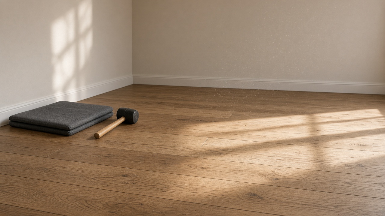 Sunlit oak floor planks with a mallet resting near white baseboard