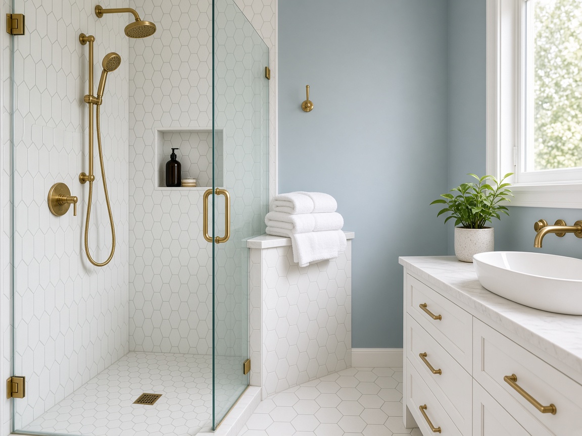 Soft blue-gray bathroom with a walk-in shower and brass fixtures