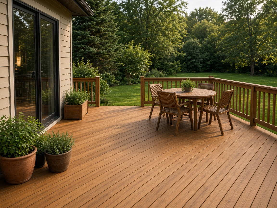 Cedar deck with a railing, herbs, and late-day light