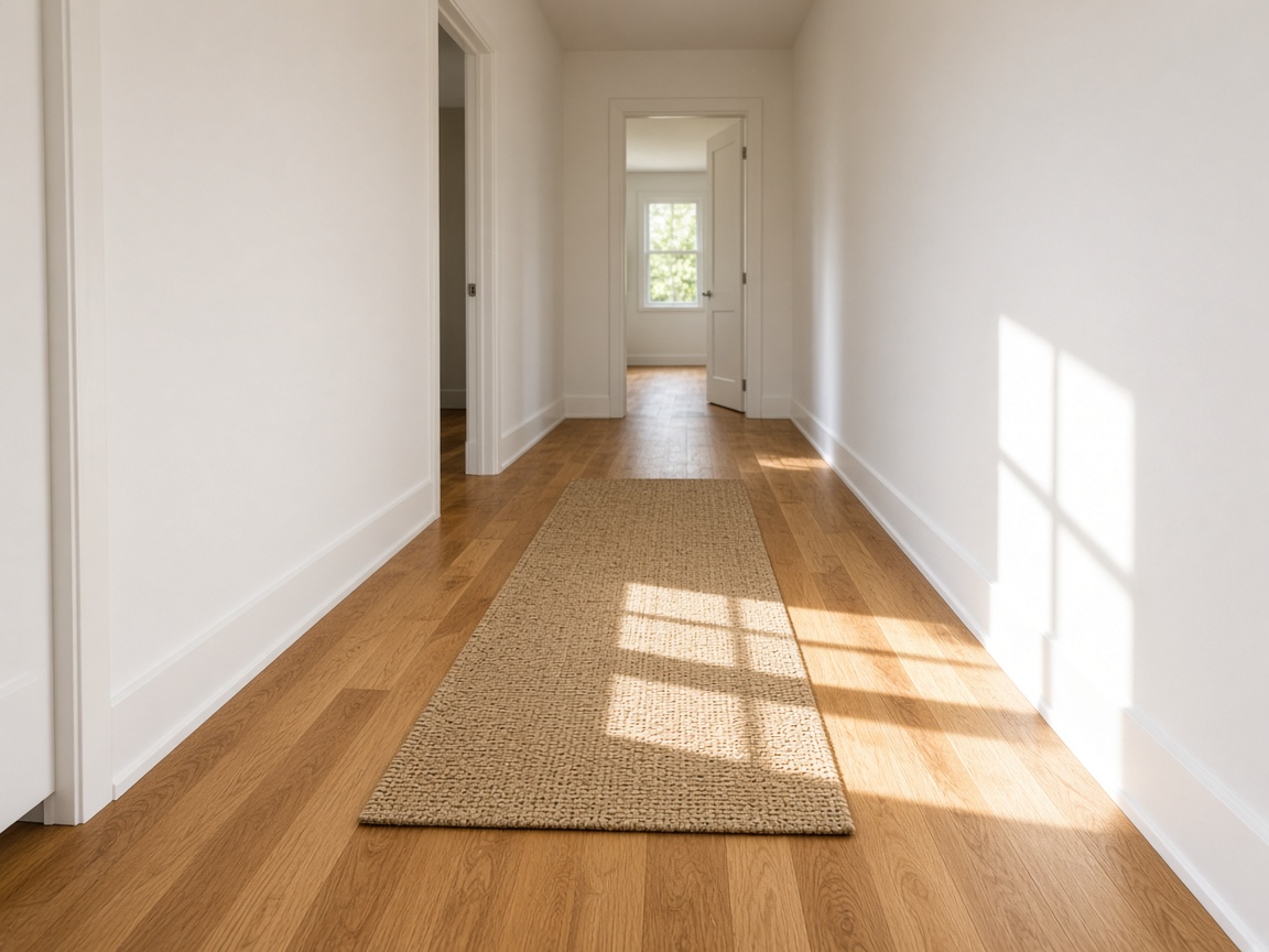 New oak hardwood running through a bright hallway