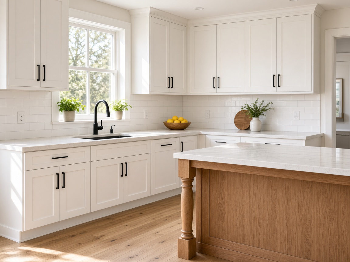 White shaker kitchen with a warm oak island and black faucet