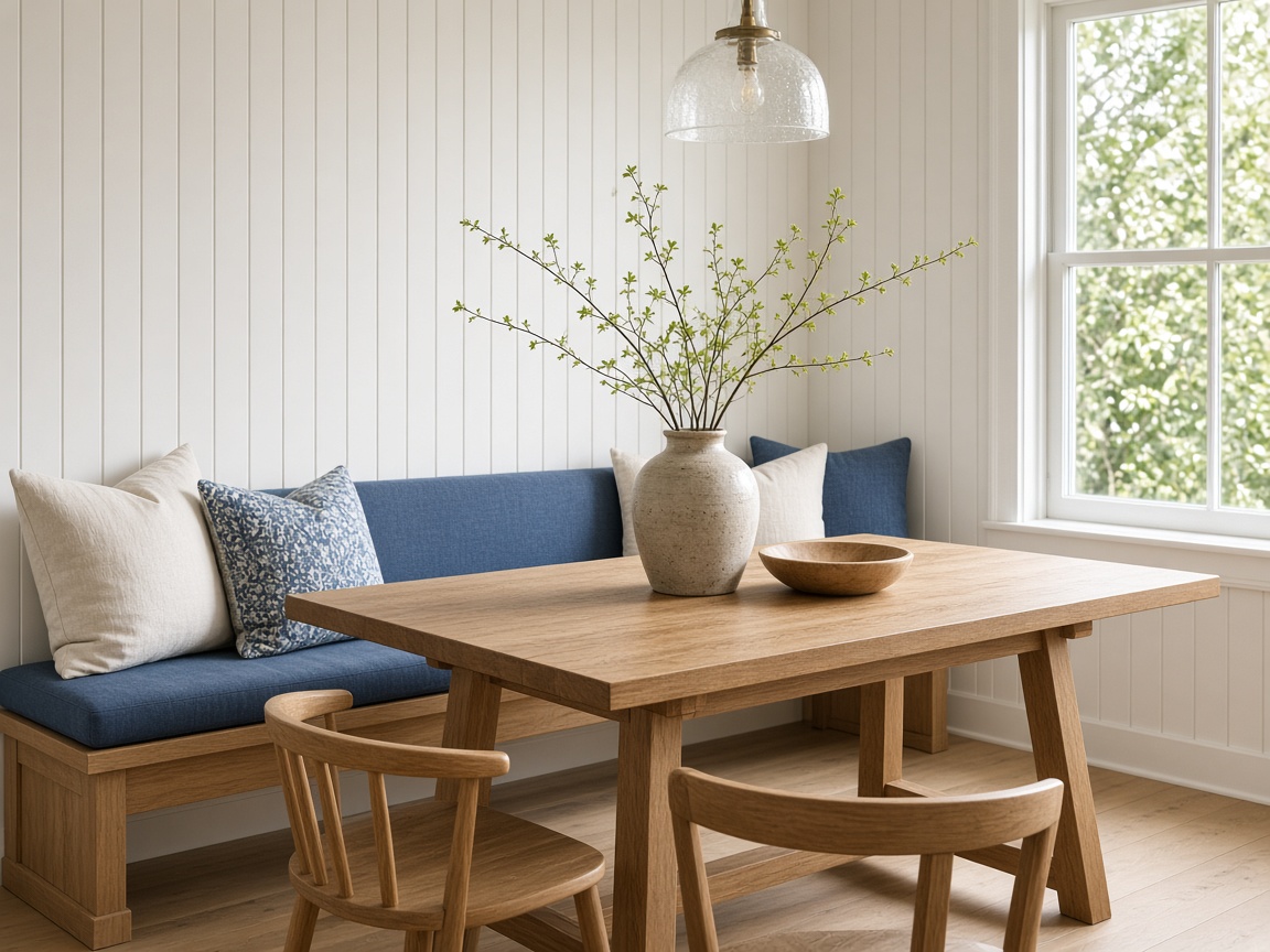 Built-in bench and beadboard dining nook beside a large window