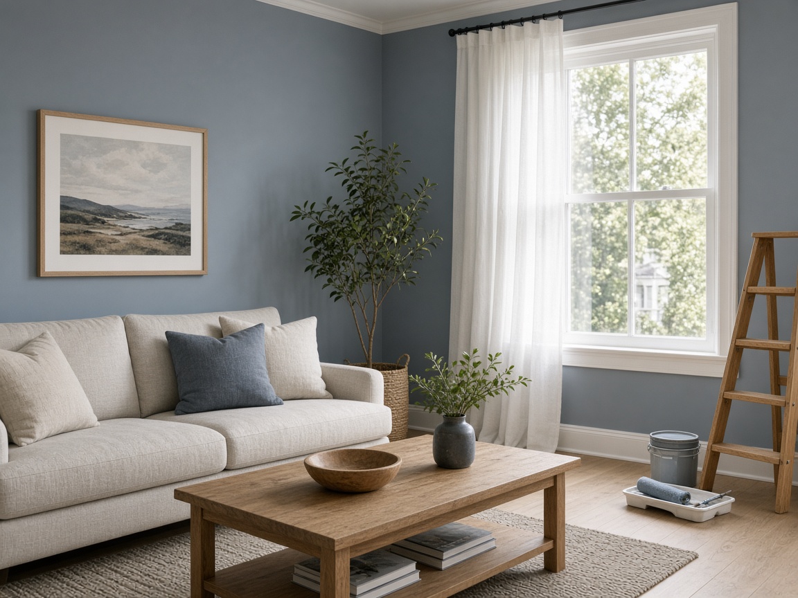 Living room painted a soft green-gray with white trim and linen seating