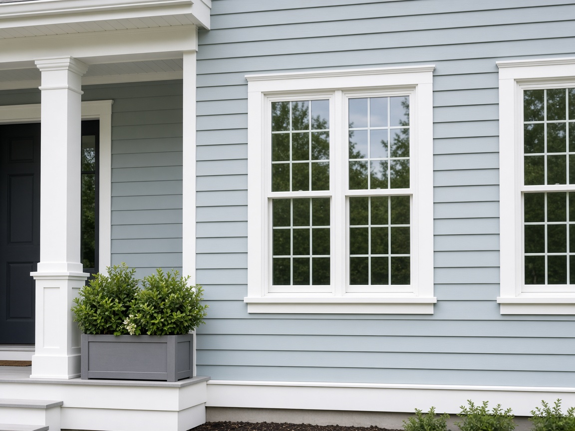 Exterior of a home with new white window frames and pale blue siding
